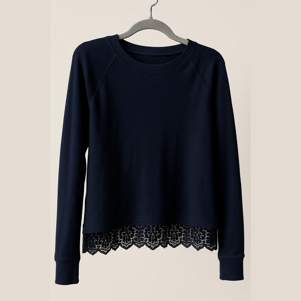 J. Crew: Navy Blue, pinpoint stripe and lace cotton T-shirt long sleeve shirt M
